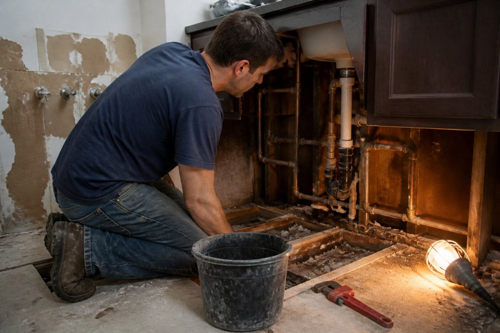 A homeowner kneeling on a partially demolished bathroom floor inspecting exposed copper and PVC plumbing pipes under a sink, with a pipe wrench and bucket nearby, work light casting shadows on torn drywall