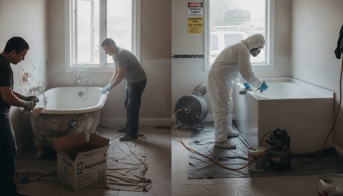 Close-up of professional technician wearing full protective equipment including respirator, gloves, and safety goggles while applying bathtub coating in controlled environment