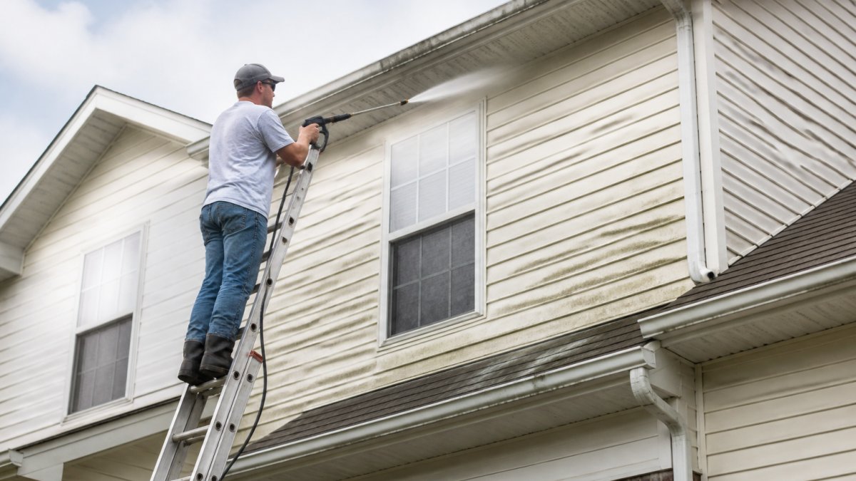 Diagram illustrating safety risks and physical demands of DIY exterior house cleaning on a ladder