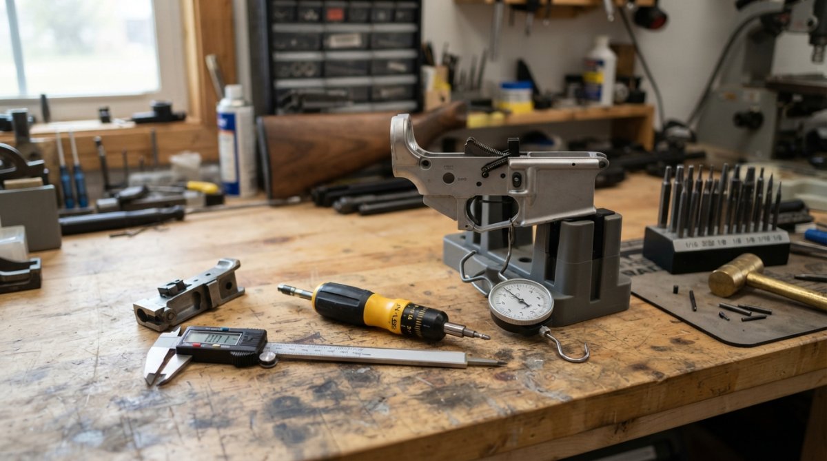 Precision measurement tools laid out including digital calipers showing 0.01" accuracy, calibrated torque driver with click mechanism, trigger pull scale, and graduated punch set positioned next to firearm components