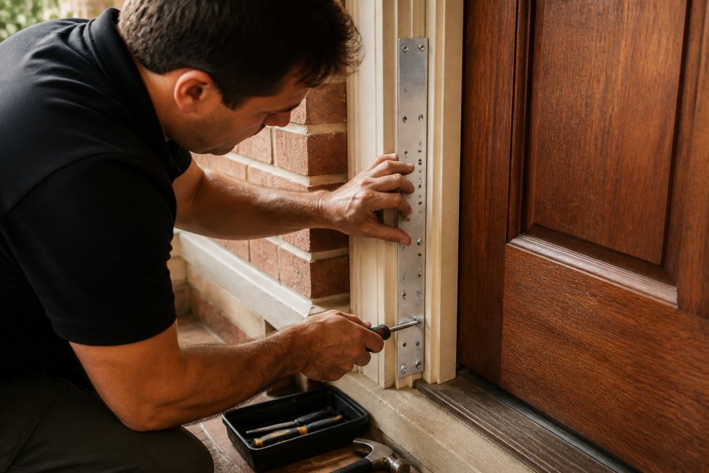 Close-up of a homeowner's hands installing a galvanized steel door reinforcement plate on a wooden door frame with a screwdriver, tools nearby on the floor