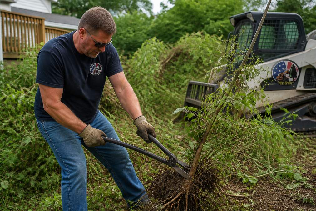 Close-up of a homeowner's hands gripping a brush grubber tool as they pull a small sapling with exposed roots from thick brush and overgrown vegetation in a residential yard, with dirt and tangled vines visible