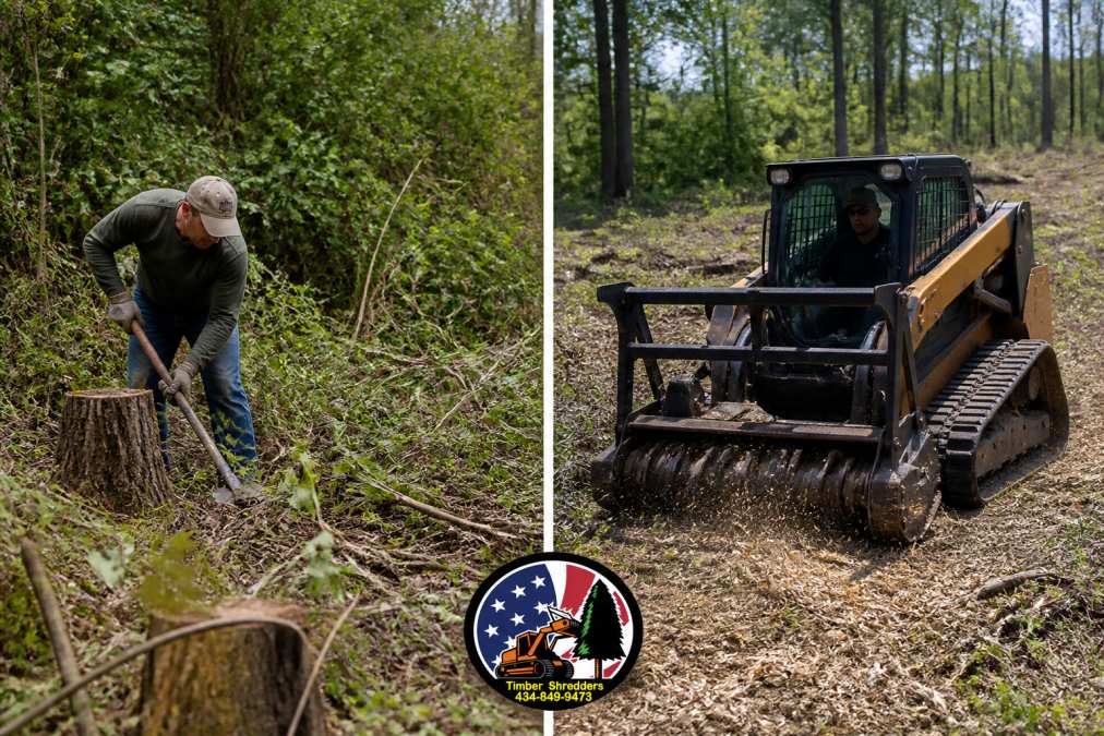 Split-scene photograph showing on the left a residential property owner struggling with hand tools and brush piles in thick, dense overgrowth with visible stumps and tangled vegetation, and on the right a professional operator using a forestry mulcher on the same type of terrain, efficiently clearing and mulching in real-time