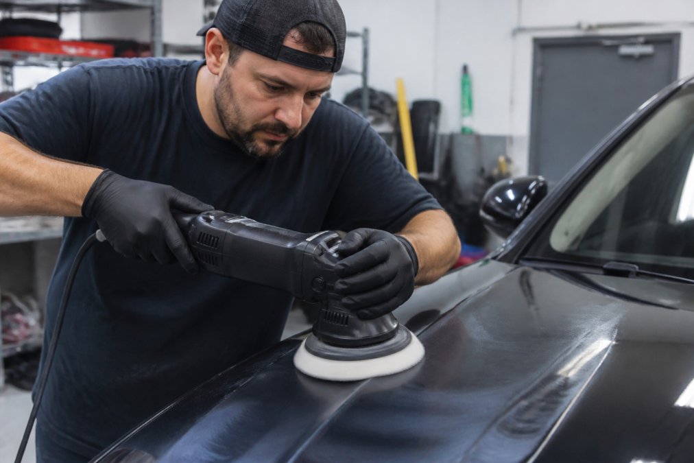 Professional detailer holding a dual action polisher at correct 45-degree angle against vehicle's hood, demonstrating proper grip and hand positioning with polishing pad visible