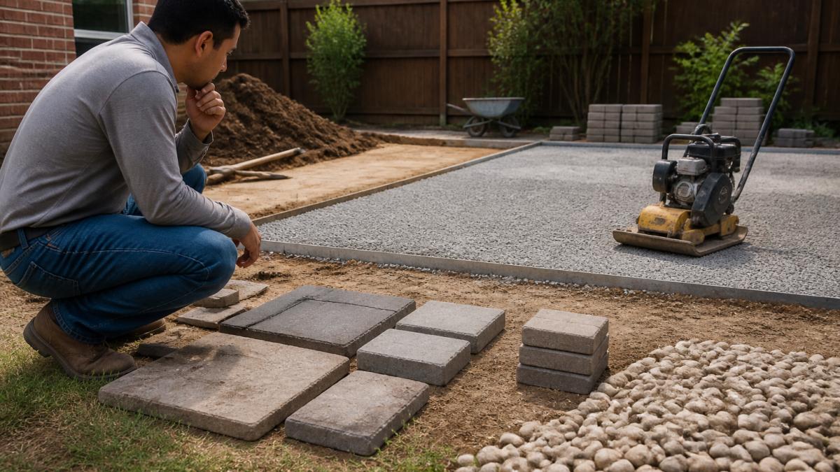 Homeowner examining patio pavers and base materials in backyard, with compaction equipment and gravel visible, assessing the scale of preparation work needed