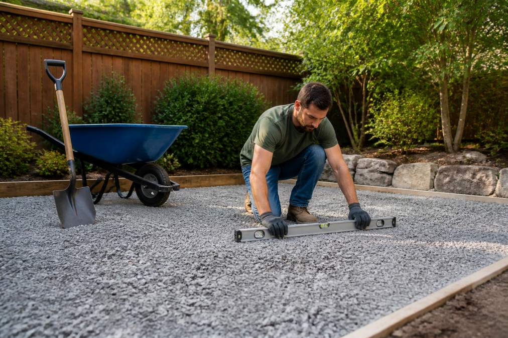 A homeowner in work clothes checking a level on a gravel pad where a pergola will be installed, with a shovel and wheelbarrow nearby in a sunny backyard
