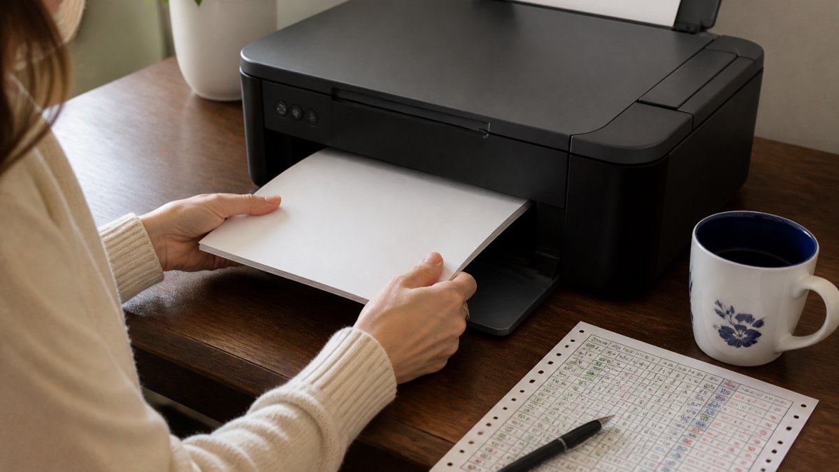 A close-up of a woman's hands feeding heavy cardstock into a home inkjet printer, with a printed mahjong score sheet and a coffee mug on the table beside it