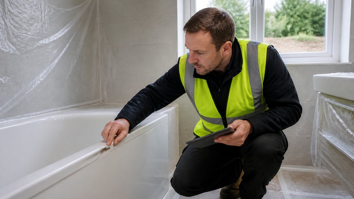 A site manager in a high-visibility vest kneeling to inspect a chipped bath edge in a newly fitted bathroom, with protective film still on the tiles and natural light from a window