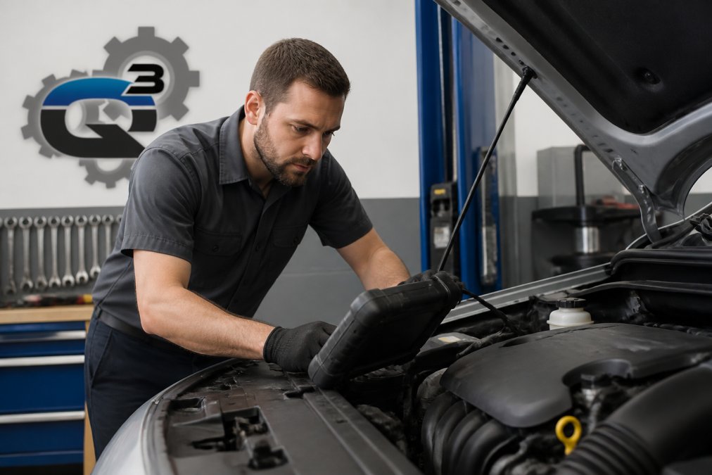 Professional mechanic using diagnostic computer equipment on vehicle engine in well-lit repair shop with organized tools on workbench