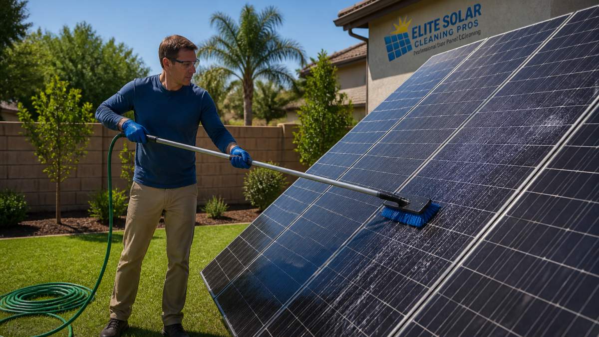 A homeowner using a long-handled soft-bristle brush to clean ground-mounted solar panels in a sunny backyard, wearing safety gloves and safety glasses, with a garden hose coiled nearby on green grass