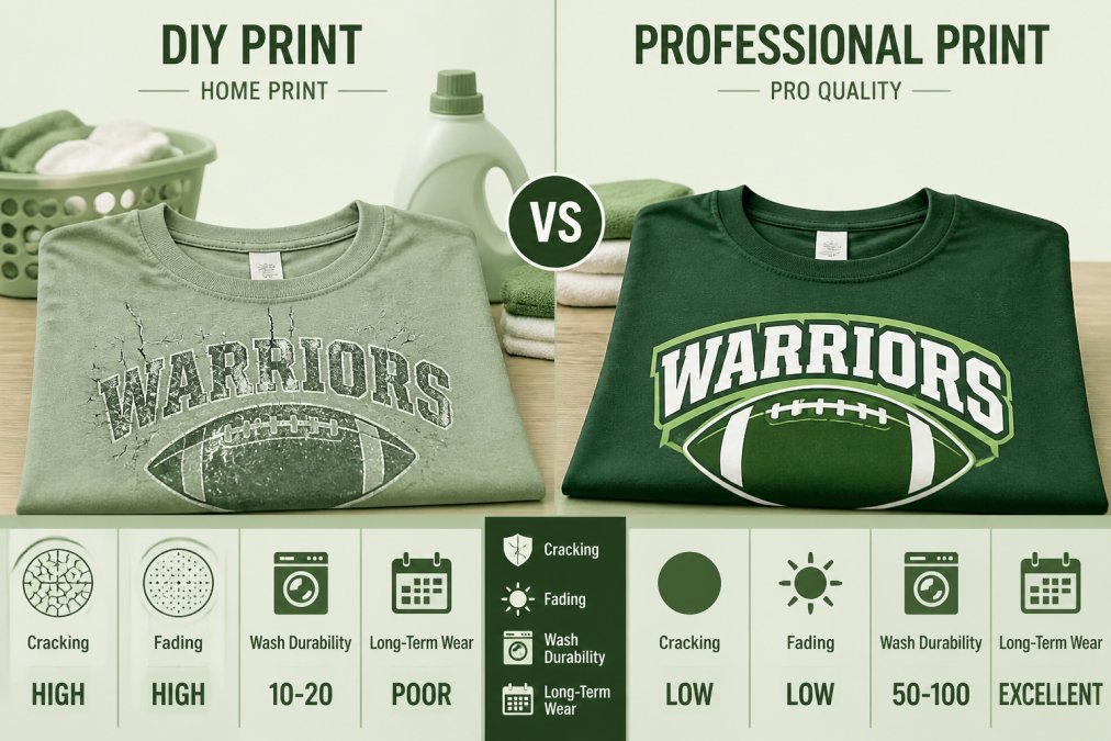 Infographic comparing the durability of home-printed versus professional-grade t-shirt prints after washing.