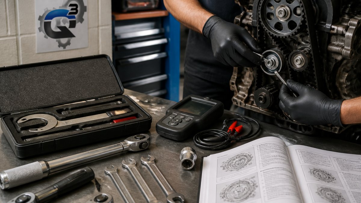 Professional mechanic's workbench with timing belt tools including specialty wrenches, torque wrench, timing light, and service manual spread out, hands adjusting a timing belt tensioner on an engine block