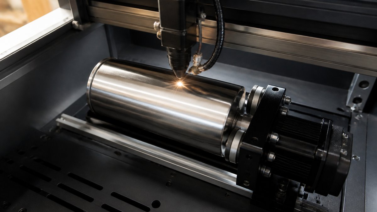 Close-up of a stainless steel tumbler positioned on a rotary attachment inside a laser engraver, with the laser head focused on the tumbler's surface during active engraving