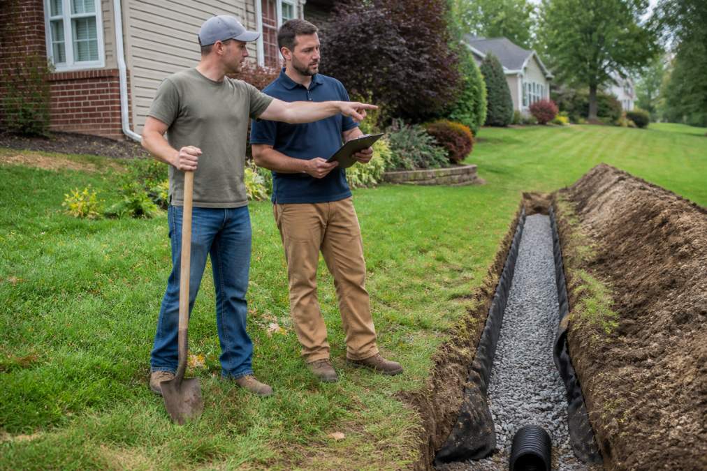 Homeowner and contractor discussing yard drainage solutions near a trench
