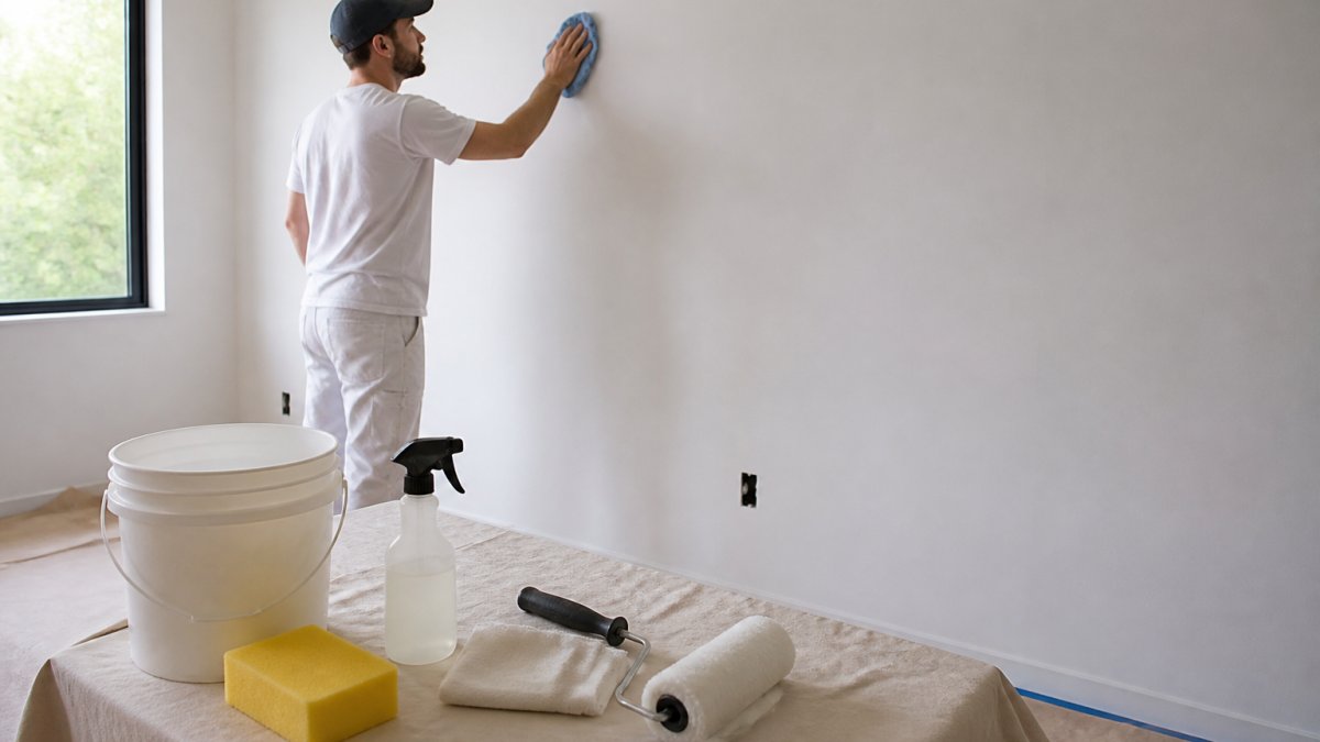 Person cleaning a wall surface with a damp cloth, removing dust and debris before mural installation, with natural light from a nearby window