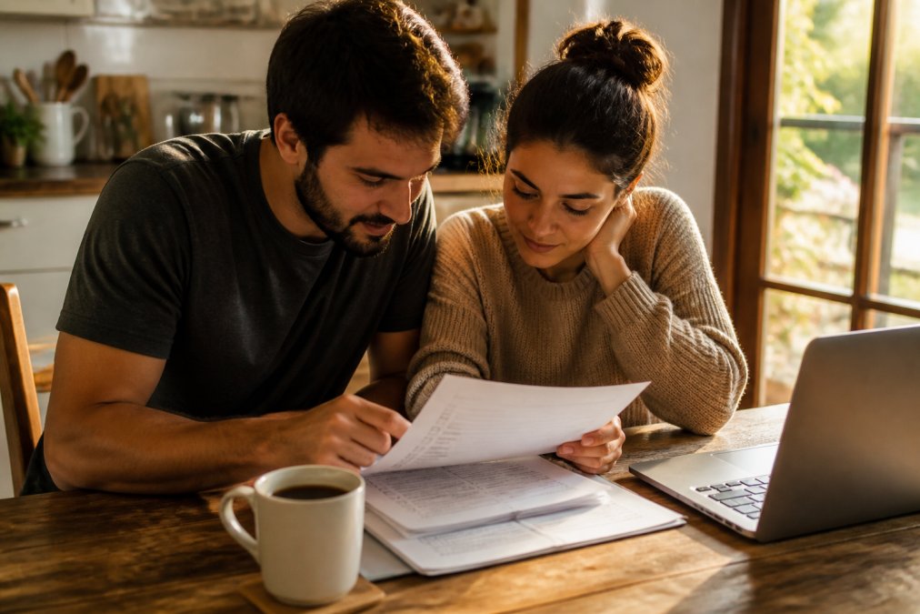 A couple sitting together at a kitchen table, reviewing a printed wedding checklist with a laptop open beside them and a cup of coffee in the foreground, warm evening light from a nearby window
