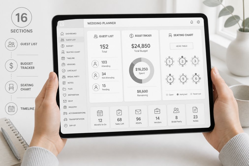 Close-up of hands holding a tablet displaying a digital wedding planner interface with visible sections for guest list, budget tracker, and seating chart, soft natural light from a nearby window