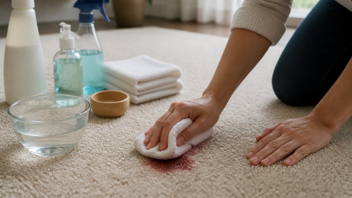 Hands demonstrating outside-in blotting motion on a light beige carpet with fresh red wine stain, using a clean white cloth with natural window lighting