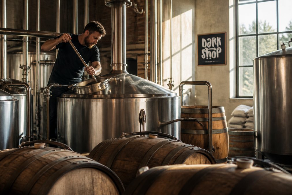 Browarnik w tradycyjnym browarze rzemieślniczym pracujący przy kotłach do warzenia piwa, otoczony drewnianymi beczkami i sprzętem produkcyjnym, naturalnym oświetleniem padającym z wysokich okien