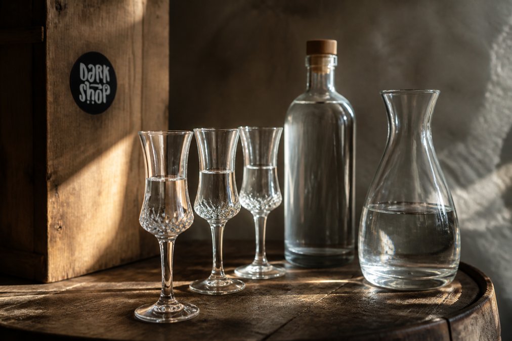 Kryształowe kieliszki do degustacji wódki ustawione na dębowym stole, obok butelka z minimalistyczną etykietą rzemieślniczą i karafka z wodą. Światło pada z boku, podkreślając przejrzystość trunku