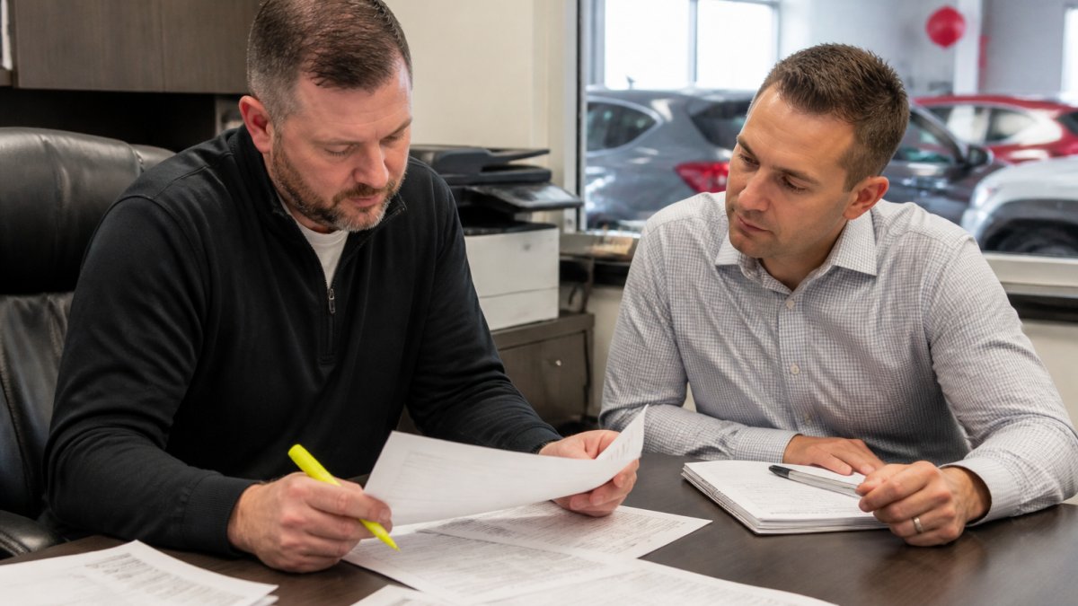 A dealership general manager and controller reviewing printed vendor invoices and a laptop spreadsheet at a desk in a dealership back office, highlighter and notepad nearby