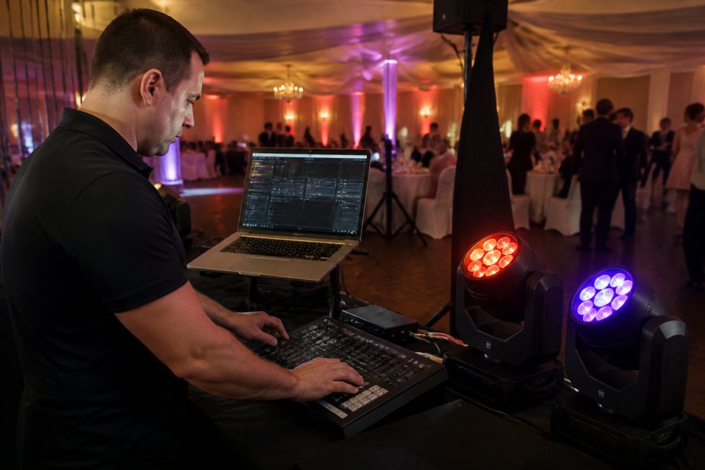 Mobile DJ adjusting lighting scenes on a DMX controller at a live event