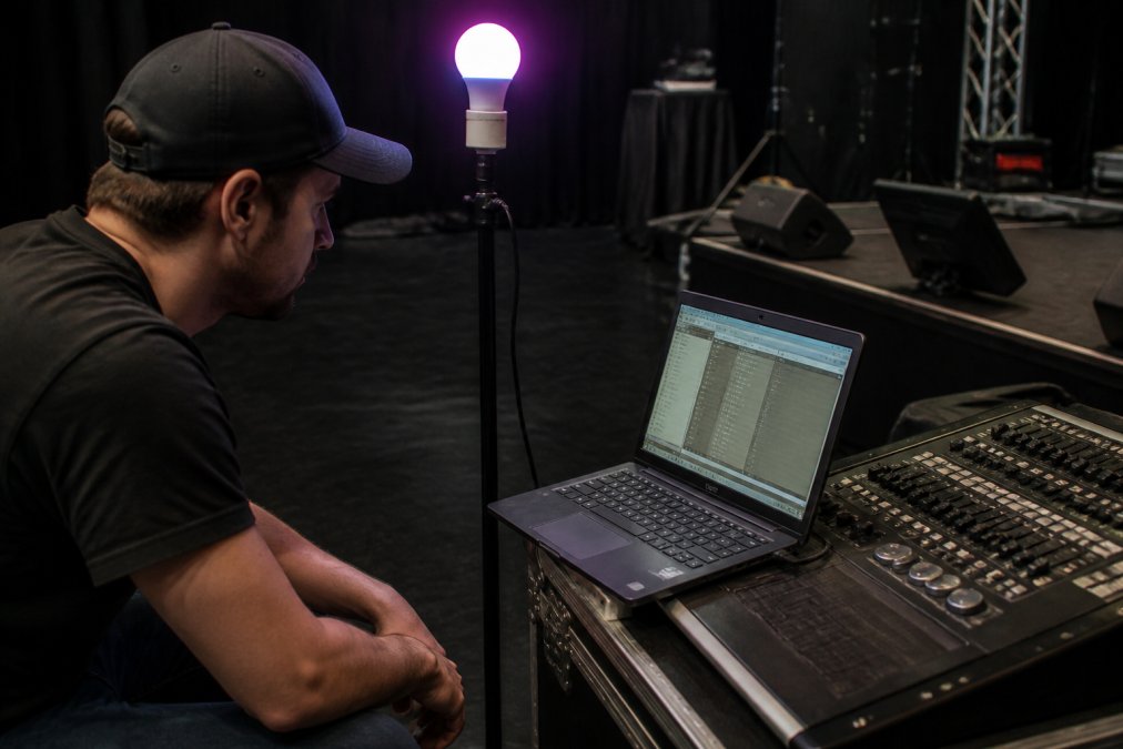 Diagram mapping smart bulbs to DMX channels for seamless DMX integration at a small venue lighting console.
