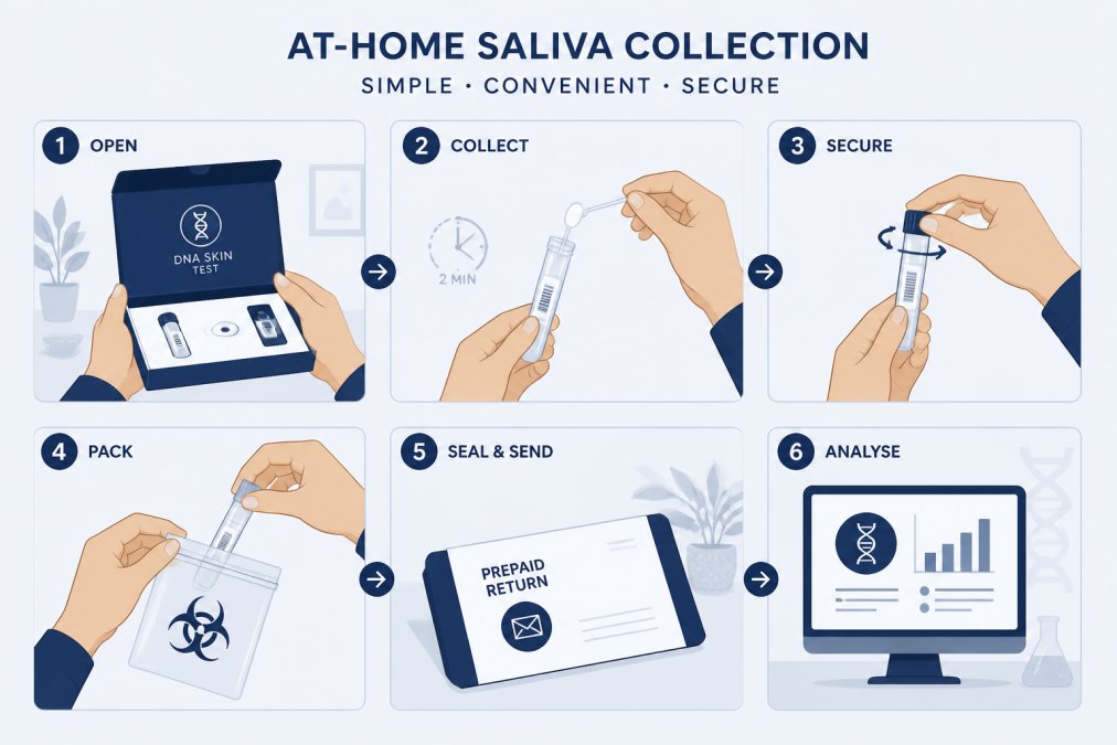 Close-up of hands holding a saliva collection swab kit with a prepaid return envelope on a clean home surface, showing the complete at-home collection process