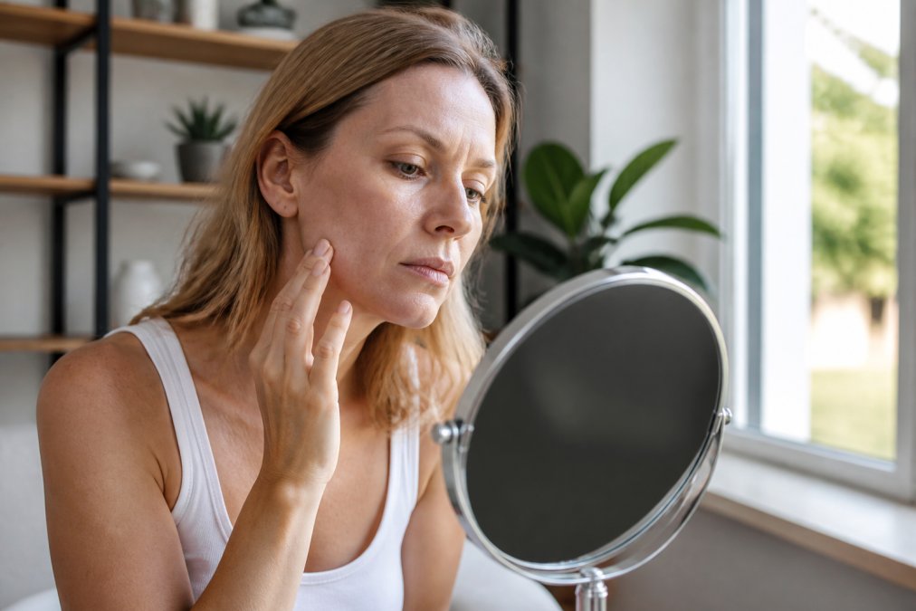 Person examining their skin in a mirror, looking thoughtful, with natural daylight illuminating their face as they assess their skin condition