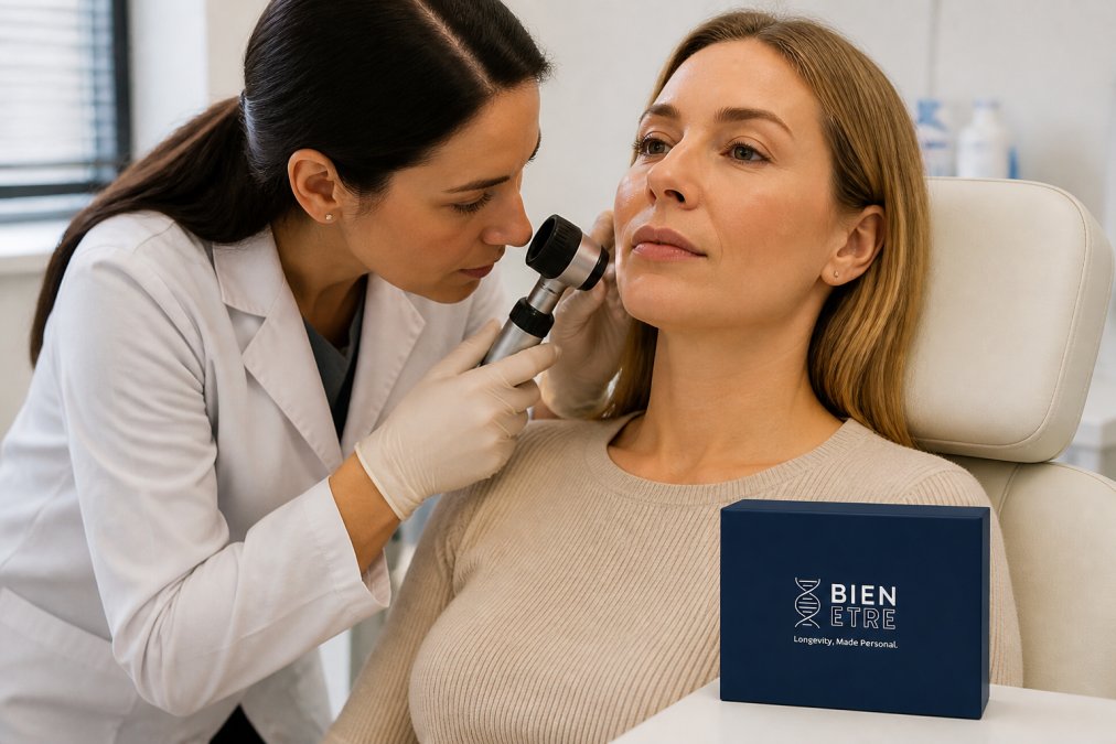 Dermatologist examining a patient's facial skin using dermatoscope magnification in a bright clinical examination room with professional lighting and medical equipment visible