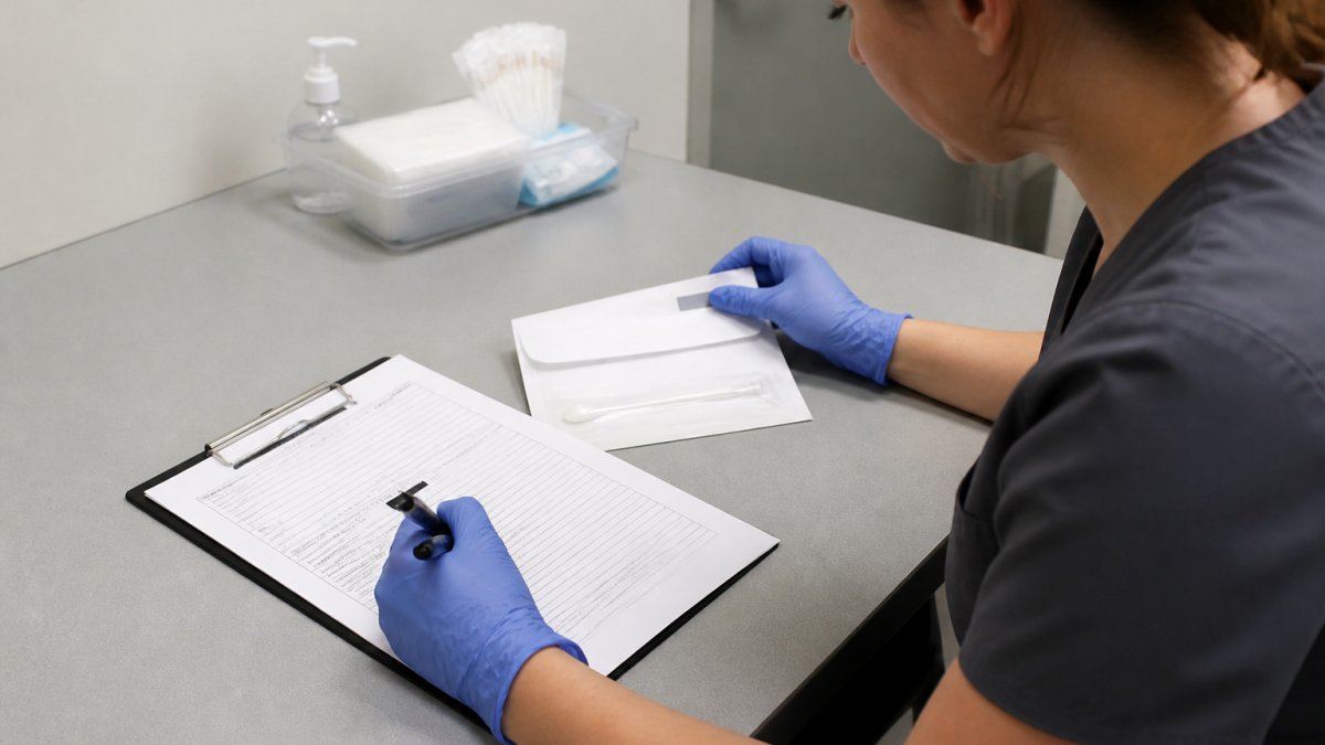 Process diagram showing how a technician secures DNA samples for legal paternity testing admissibility.