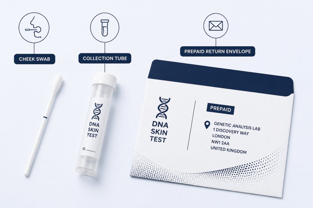 Close-up of a cheek swab sample collection kit laid out on clean white surface, showing the swab applicator, sealed collection tube, and prepaid return envelope with lab address