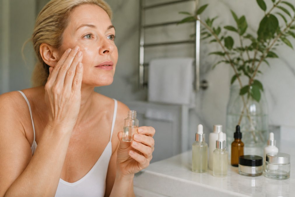 Hands applying skincare serum to face with soft natural lighting, various skincare product bottles visible in background on white marble surface