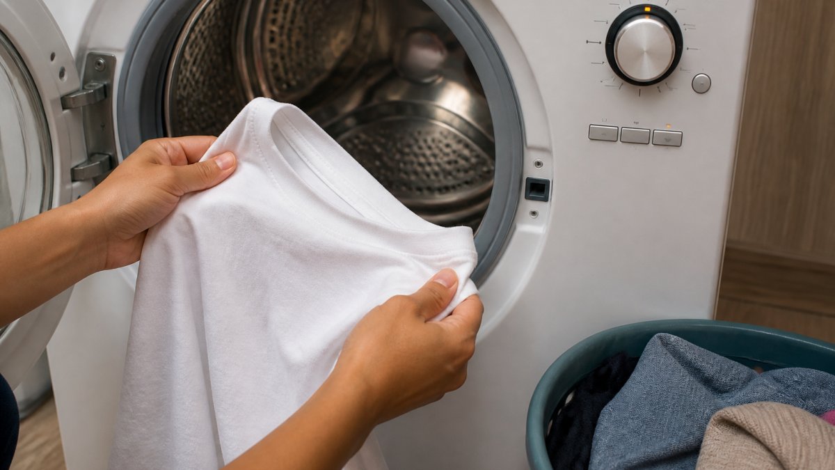 Hands placing a white shirt into a washer on cold to keep 100% cotton shirts shrink-free.
