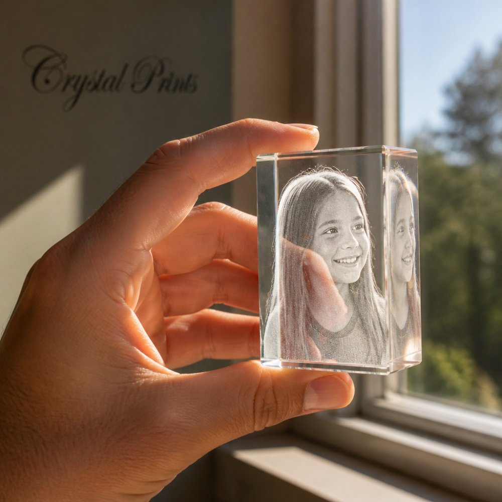 Close-up of a 3D laser-engraved crystal keepsake held up to natural window light, showing the internal engraved points creating a sharp portrait image visible through the transparent crystal from multiple angles