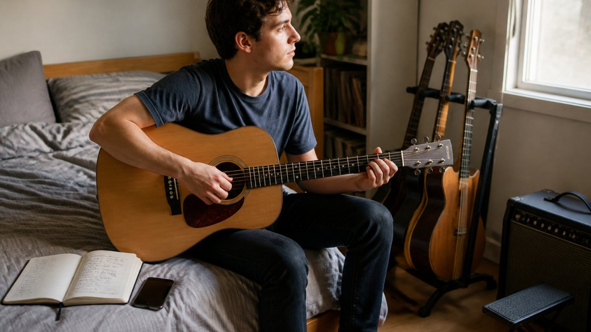 Young adult sitting on a bed with an acoustic guitar and a notebook to practice guitar skills