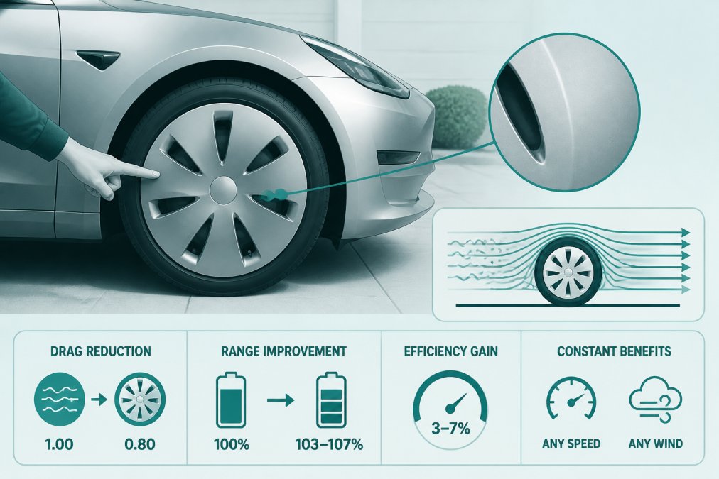 Close-up of a silver aerodynamic wheel cover on a Tesla Model 3, with a hand pointing to the smooth surface, parked in a driveway