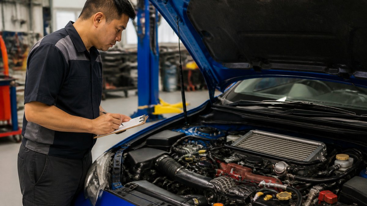 Technician inspecting a modified Subaru engine to see how do aftermarket parts affect car resale value