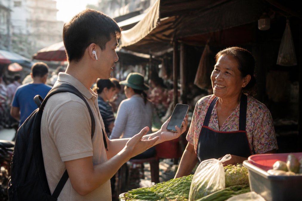 A traveler at a bustling street market in Southeast Asia holds up a smartphone while wearing wireless earbuds, engaged in animated conversation with a local vendor under warm afternoon light