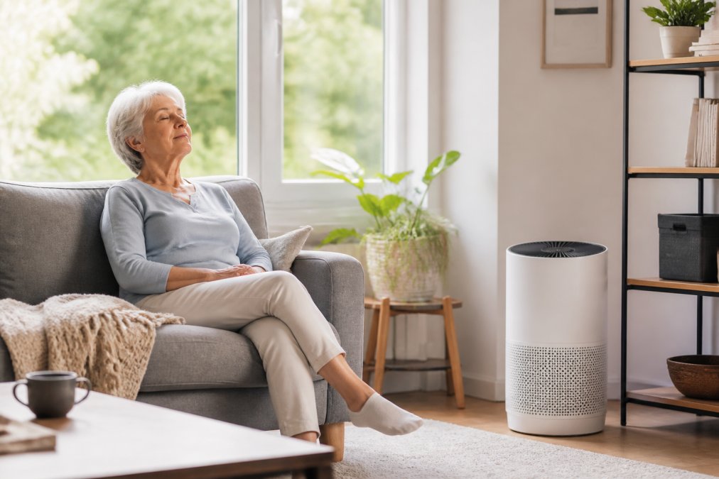 Person with COPD sitting comfortably in a bright, airy living room near an operating air purifier with visible air circulation, looking relaxed and breathing easier