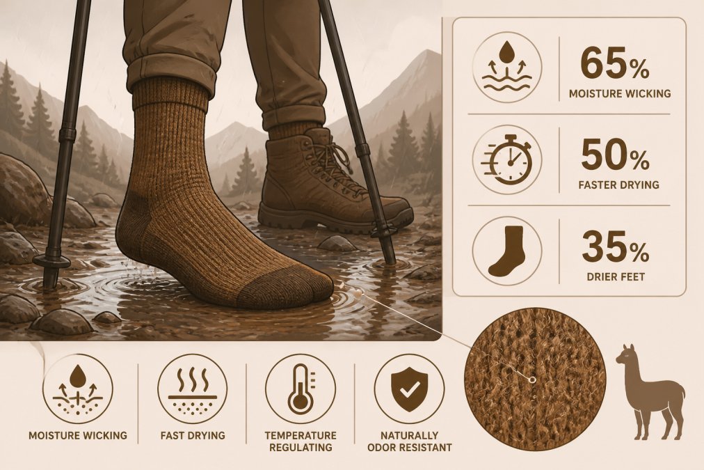 Hiker's feet wearing alpaca socks on a wet mountain trail with rain-soaked ground, showing the sock in actual hiking conditions with visible moisture in the environment