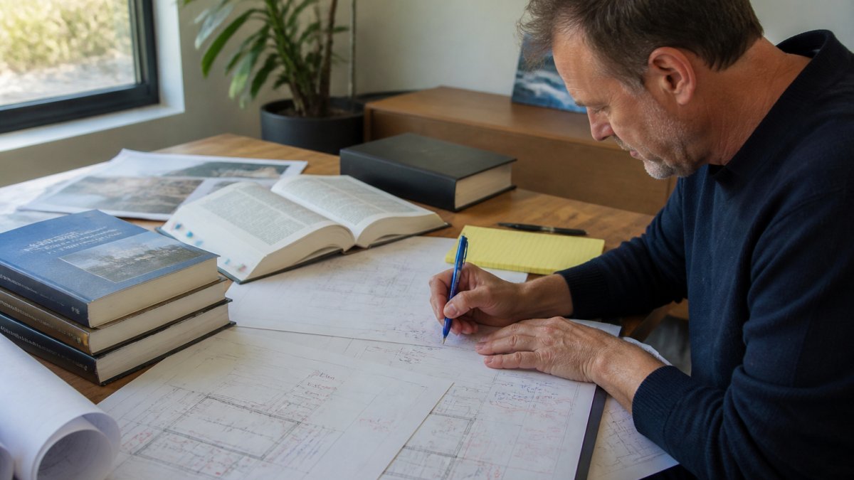 Architect reviewing construction documents and building code references at a wooden desk with marked-up plans, code books, and notes in a bright office setting