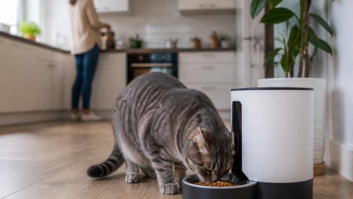 Cat eating from an automatic feeder in a bright kitchen while the feeder dispenses food, with the owner visible in soft focus in the background, showing clear separation between pet and owner during the feeding moment