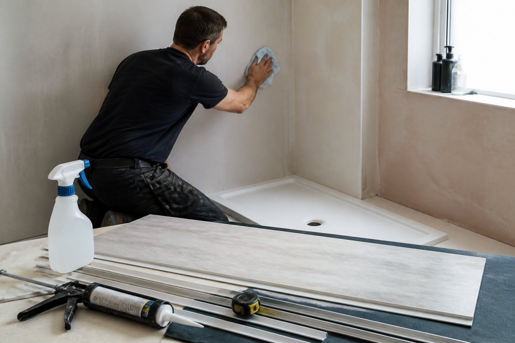 Professional installer cleaning and preparing bathroom wall substrate with cloth and cleaning solution before panel installation, bright bathroom lighting