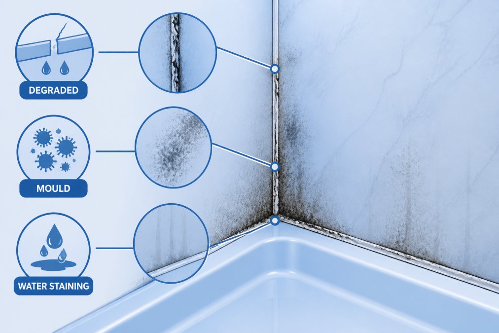 Bathroom corner showing visible mould growth and water staining around degraded sealant along panel edges, indicating moisture penetration
