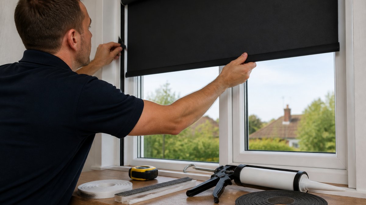 Professional installing blackout blinds with visible weatherstripping and acoustic sealant around window frame edges to minimise noise infiltration