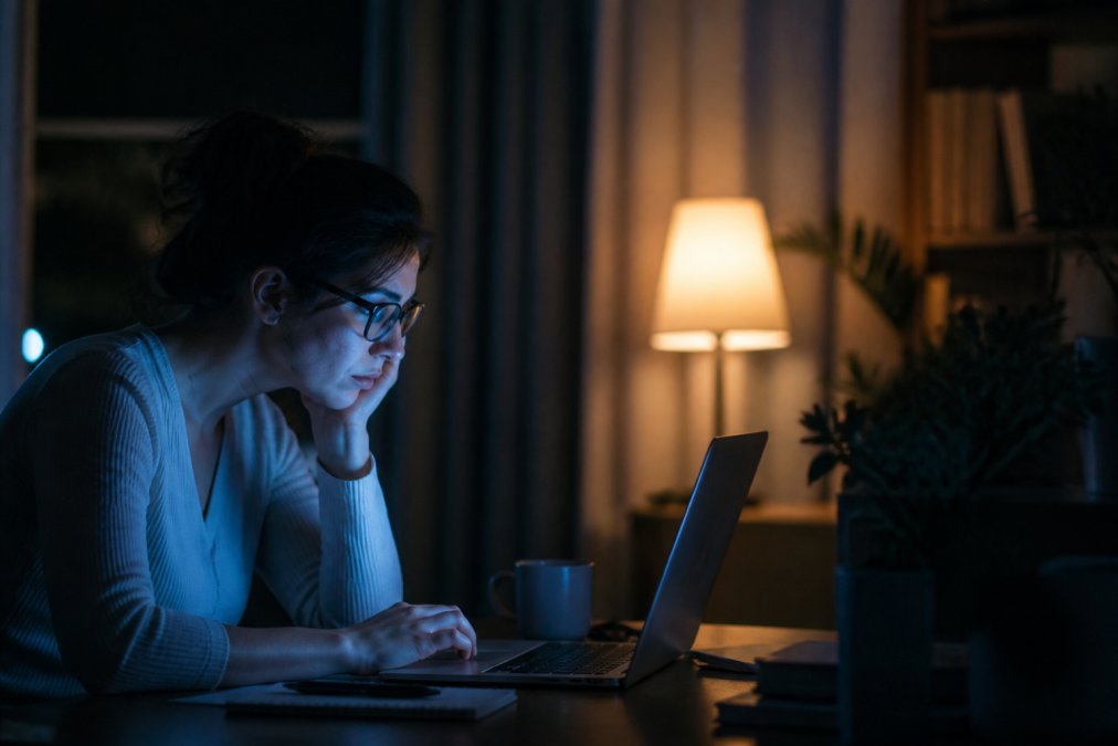 Person working on a computer in a dark room, questioning if do blue light glasses help insomnia at night