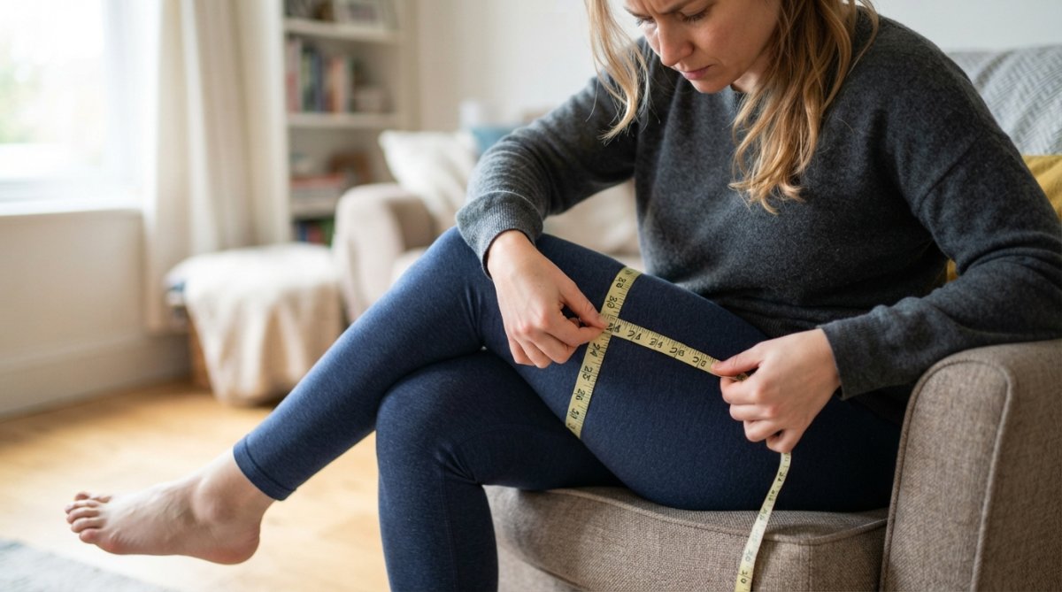 Close-up of a woman measuring her thigh circumference with a soft measuring tape at the fullest part of the thigh, showing proper measurement technique with natural daylight