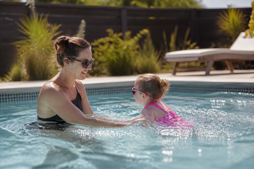 Parent actively supervising children in the water, maintaining close visual contact and demonstrating engaged, attentive pool supervision with bright swimsuits visible