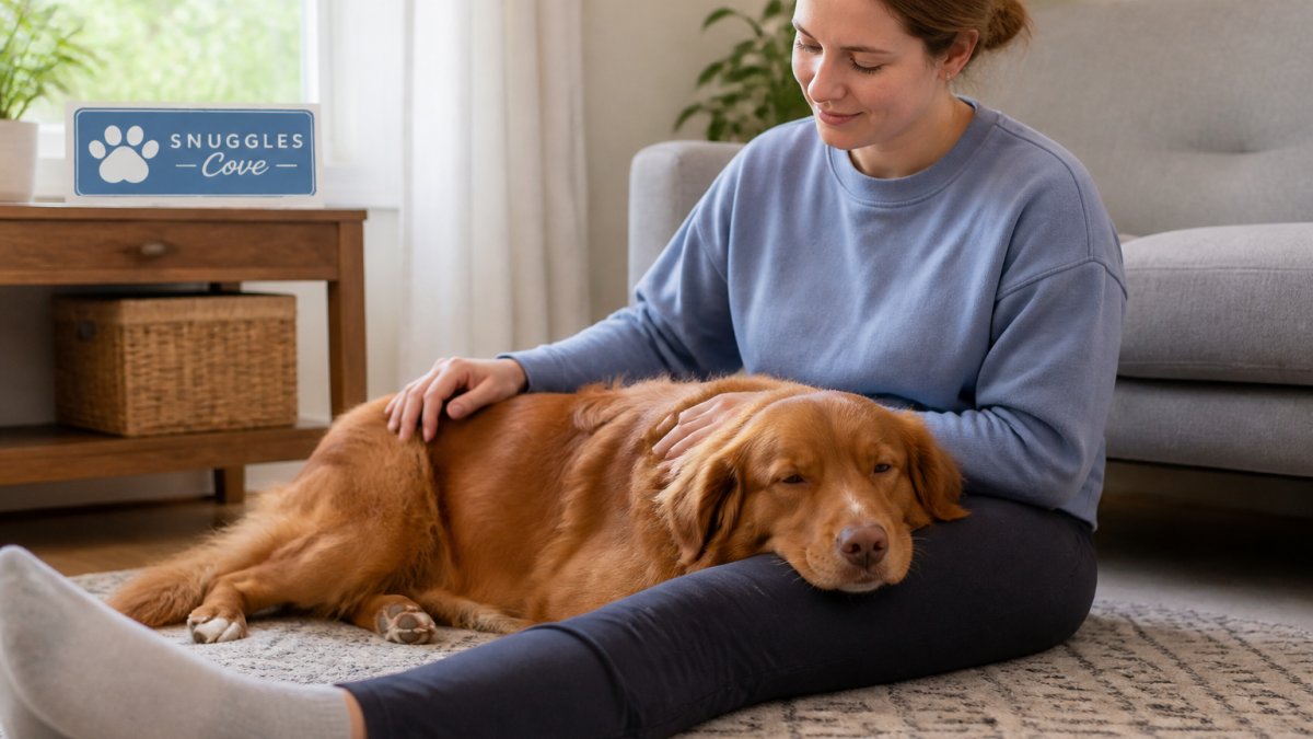 A calm medium-sized dog lying across a seated person's lap on a living room floor, with the person's hand resting gently on the dog's back, soft natural light from a window